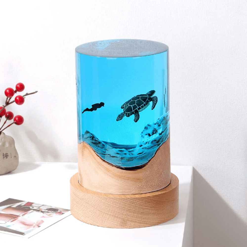 Cylindrical Wooden Epoxy Decor Lamp, Ocean Motifs
