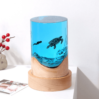 Cylindrical Wooden Epoxy Decor Lamp, Ocean Motifs