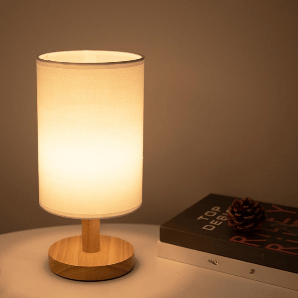 Wooden Bedside Decor Lamp with Cylindrical Fabric Shade