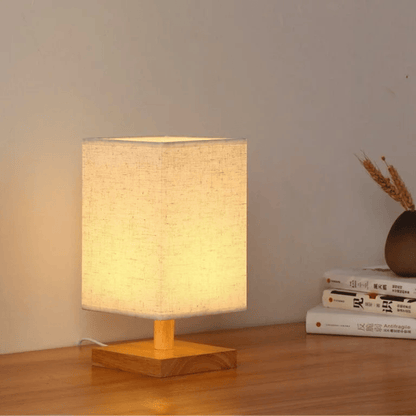 Wooden Bedside Decor Lamp, Square Fabric Shade