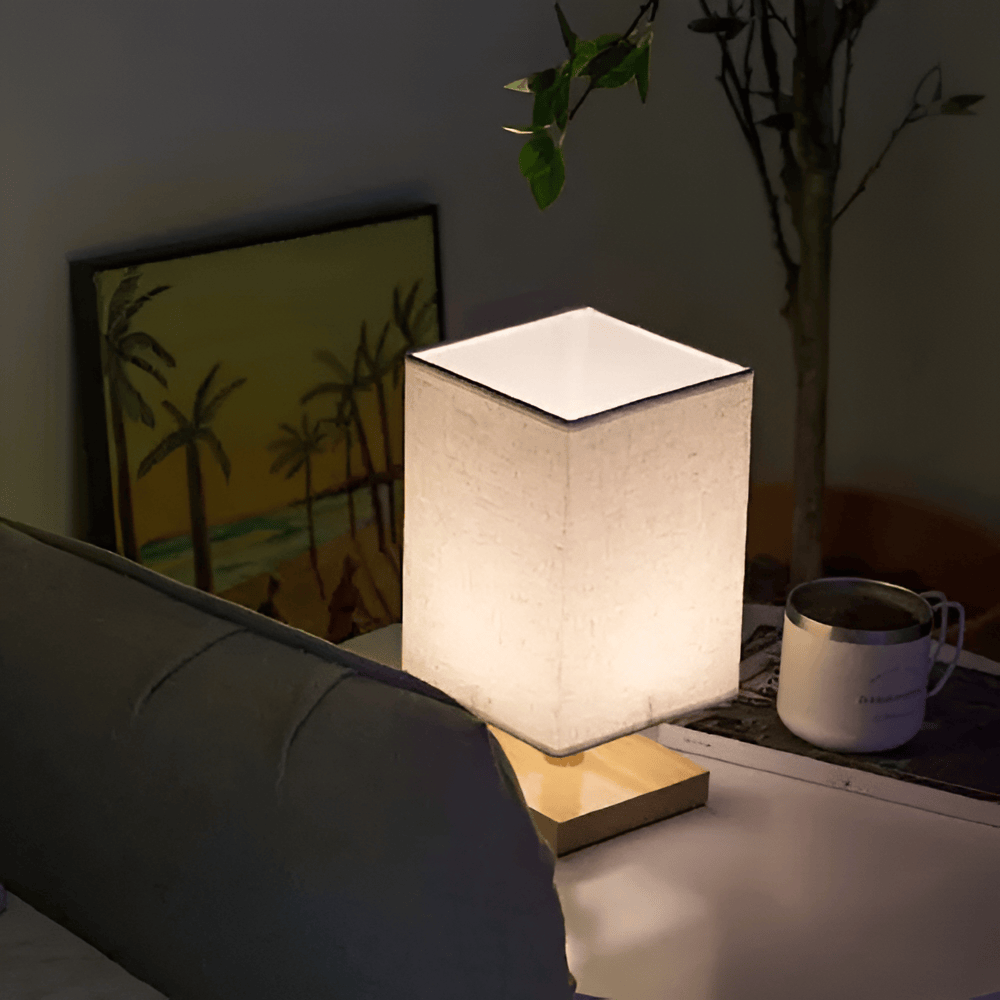 Wooden Bedside Decor Lamp, Square Fabric Shade